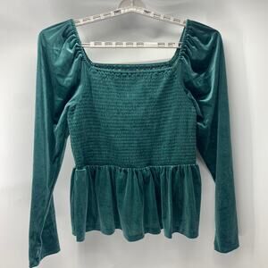 GAP Long Sleeve Velvet Smocked Peplum Top Green Christmas holiday size XLT